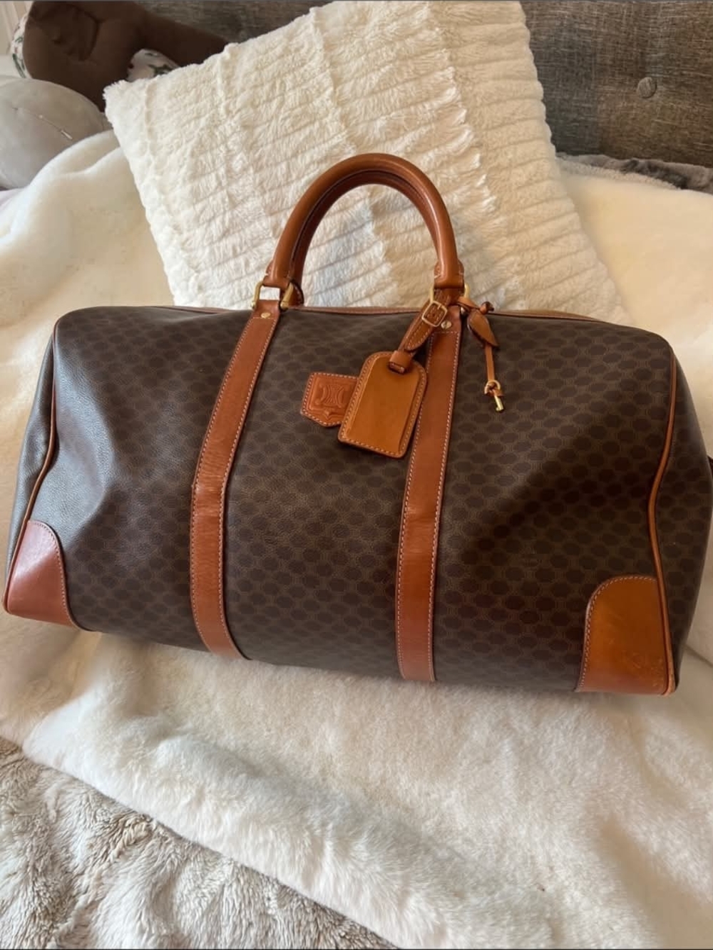 Brown Leather-Trim Weekend Duffel Bag - Celine